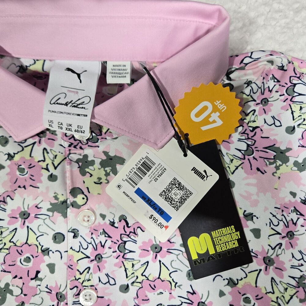 $90 Puma Arnold Palmer Polo Stretch Shirt Mens XL Floral Pattern Pink 623954 02 - Picture 4 of 10